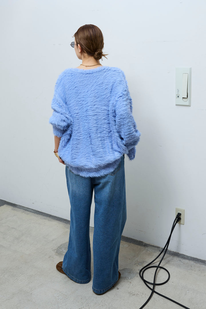 [予約/SET]起毛シャギーカーディガン+フロントジップストラップデザインデニムサロペット(2set)