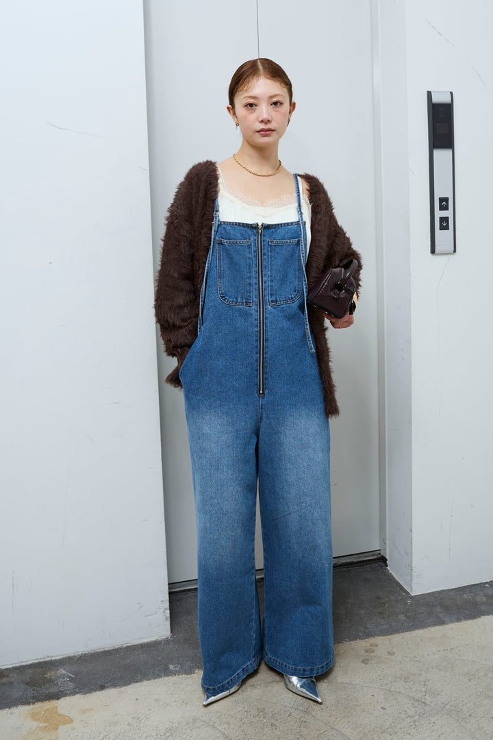 [予約/SET]起毛シャギーカーディガン+フロントジップストラップデザインデニムサロペット(2set)