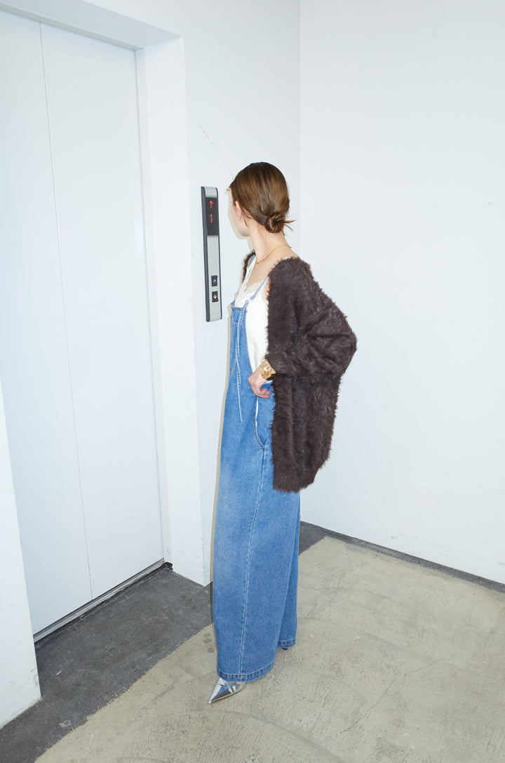 [予約/SET]起毛シャギーカーディガン+フロントジップストラップデザインデニムサロペット(2set)