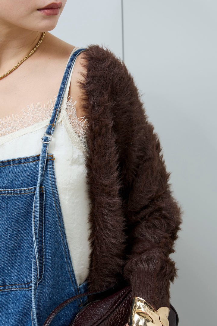 [予約/SET]起毛シャギーカーディガン+フロントジップストラップデザインデニムサロペット(2set)