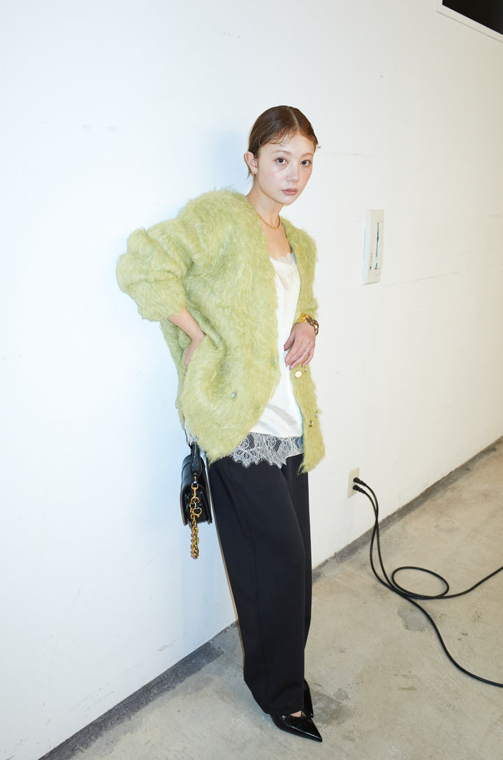 [予約/SET]ウェーブシャギーニットジャケット+サテンレースキャミソール(2set)