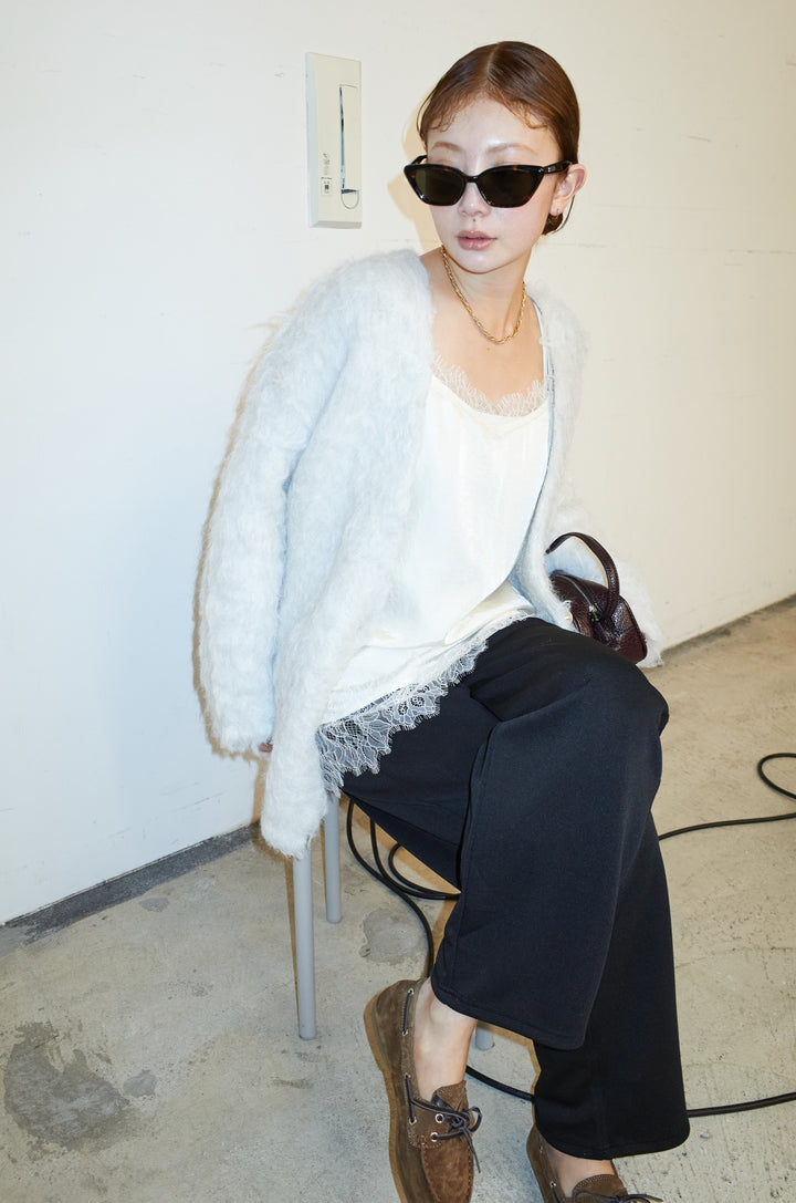 [予約/SET]ウェーブシャギーニットジャケット+サテンレースキャミソール(2set)