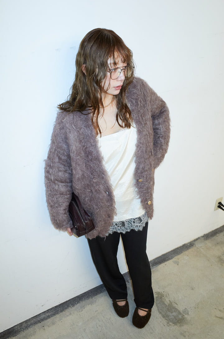 [予約/SET]ウェーブシャギーニットジャケット+サテンレースキャミソール+エフォートレスカーブパンツ(3set)