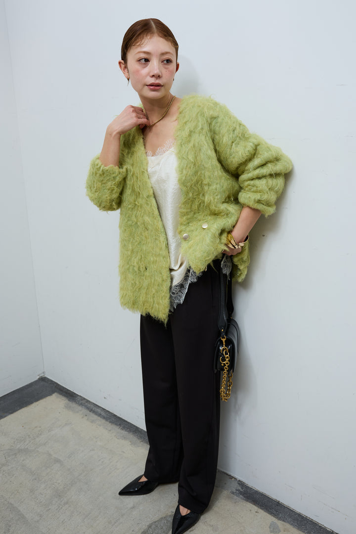 [予約/SET]ウェーブシャギーニットジャケット+サテンレースキャミソール+エフォートレスカーブパンツ(3set)