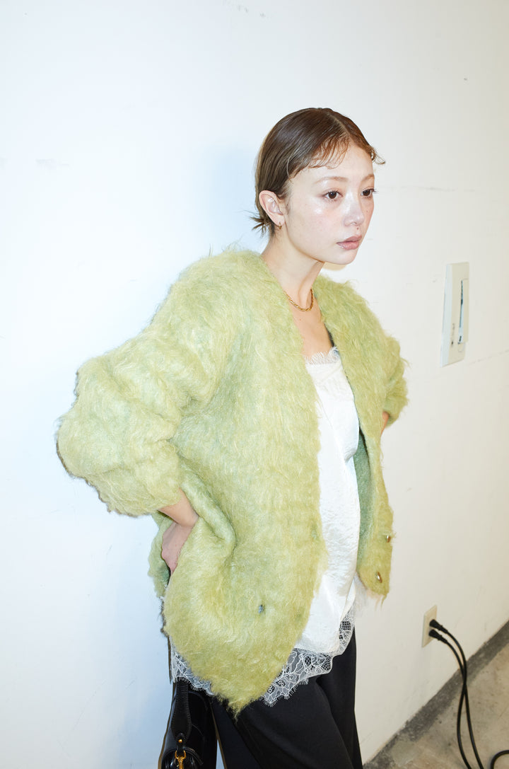 [予約/SET]ウェーブシャギーニットジャケット+サテンレースキャミソール(2set)