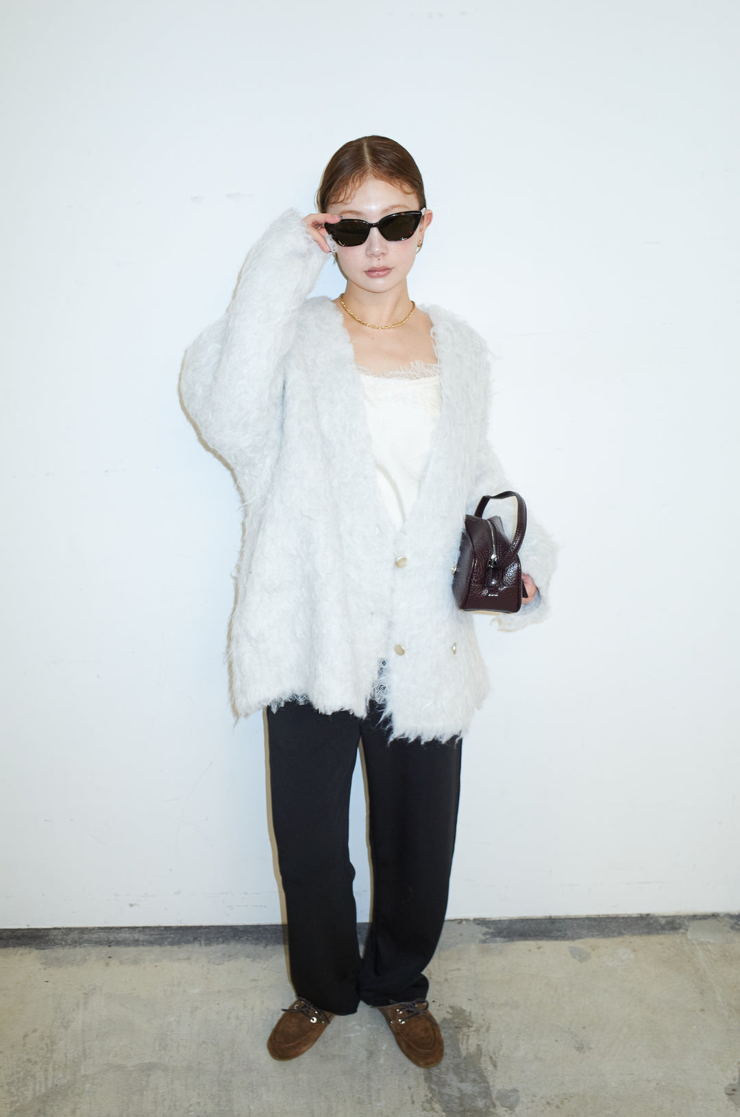 [予約/SET]ウェーブシャギーニットジャケット+サテンレースキャミソール+エフォートレスカーブパンツ(3set)