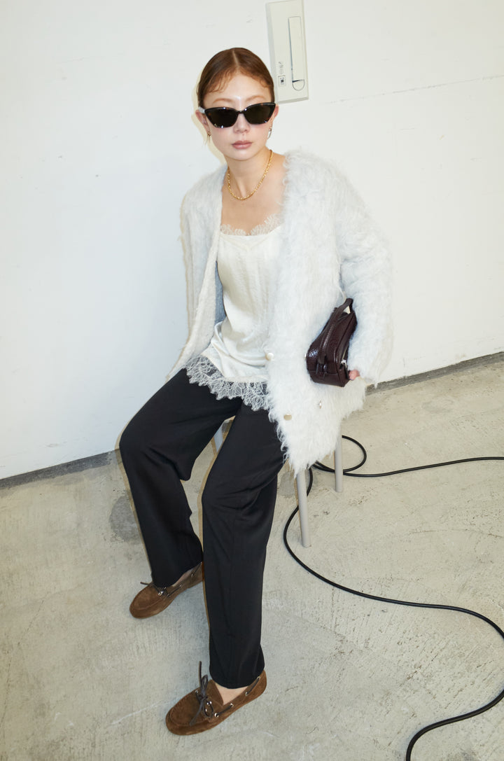 [予約/SET]ウェーブシャギーニットジャケット+サテンレースキャミソール(2set)