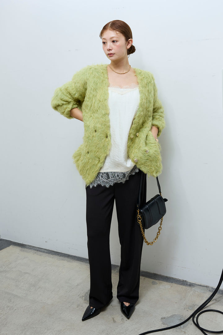 [予約/SET]ウェーブシャギーニットジャケット+サテンレースキャミソール+エフォートレスカーブパンツ(3set)