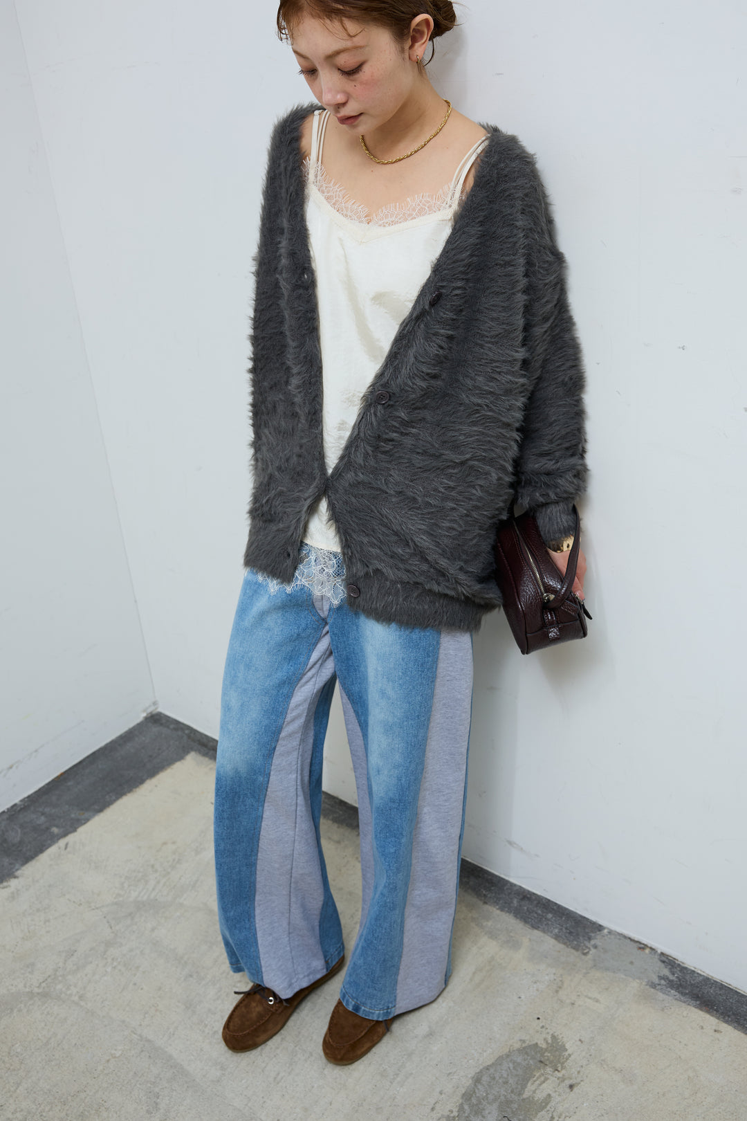 [予約/SET]起毛シャギーカーディガン+サテンレースキャミソール(2set)