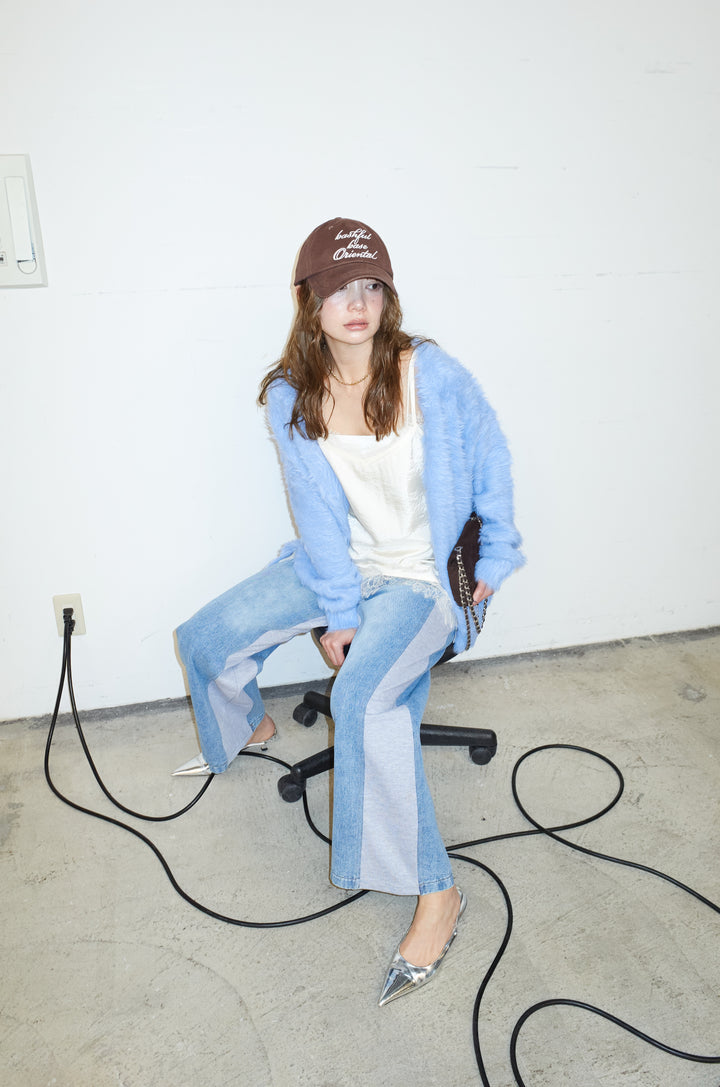 [予約/SET]起毛シャギーカーディガン+スウェット切り替えデニムパンツ(2set)