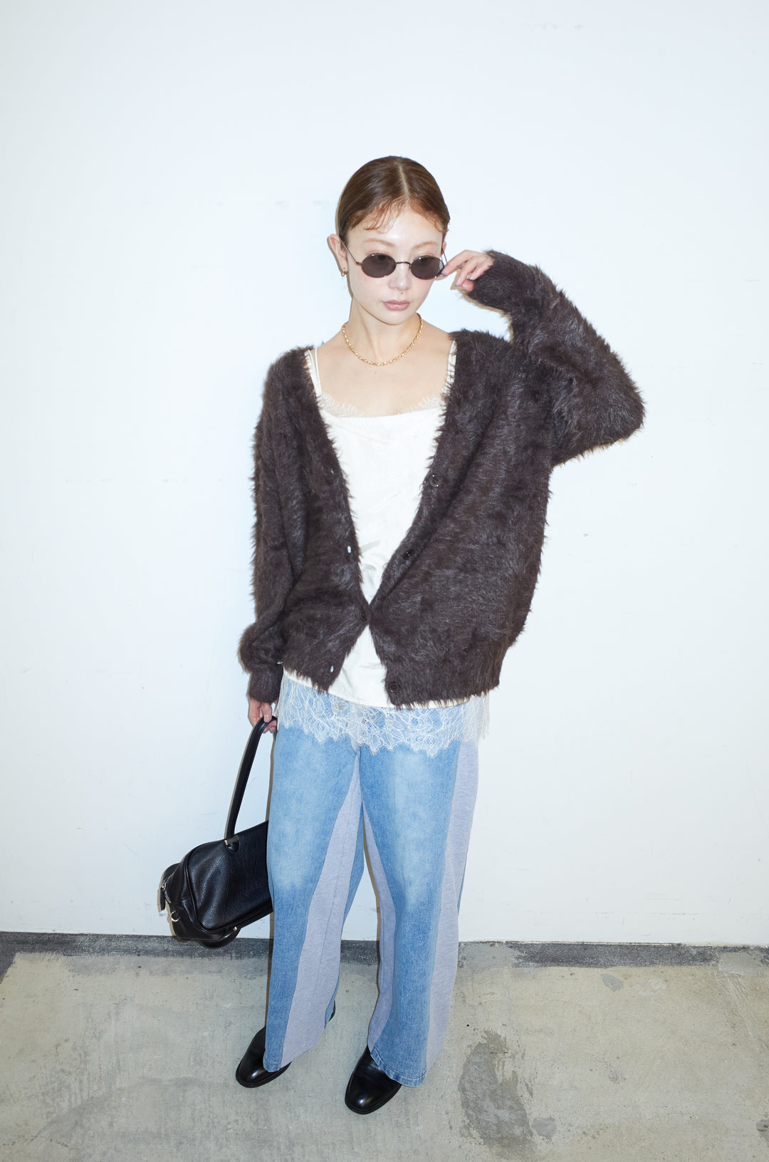 [予約/SET]起毛シャギーカーディガン+スウェット切り替えデニムパンツ(2set)