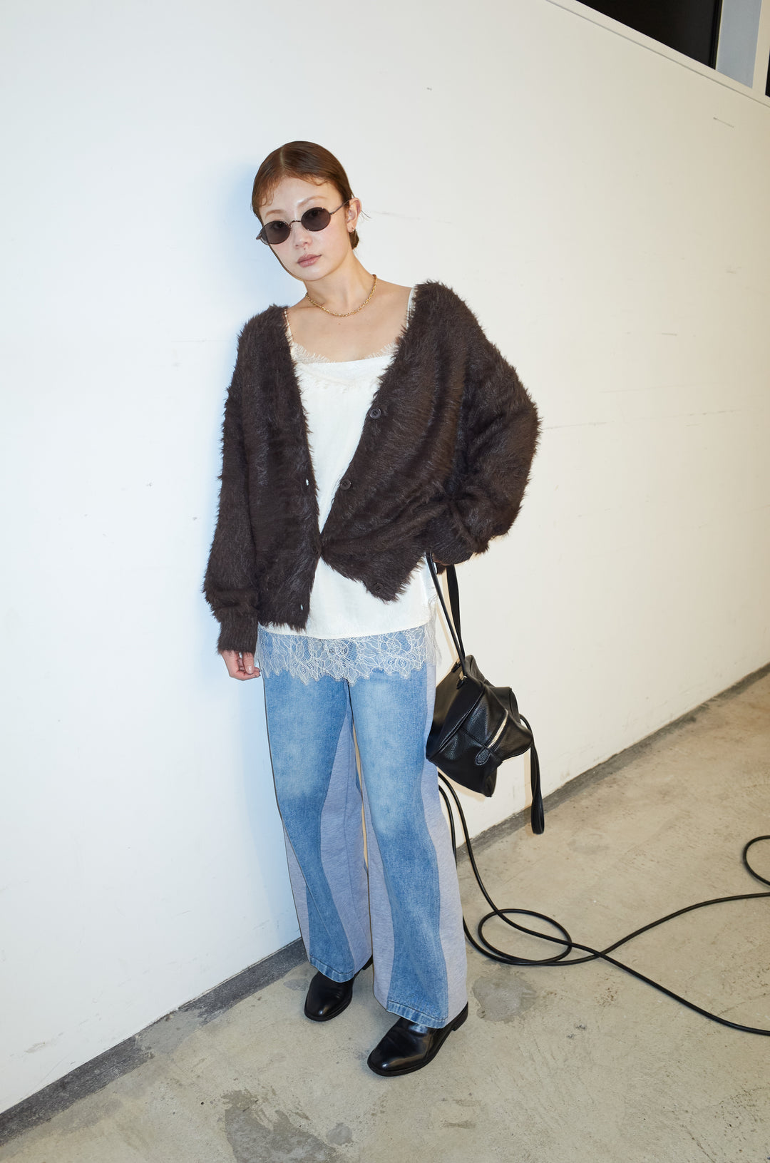 [予約/SET]起毛シャギーカーディガン+サテンレースキャミソール(2set)