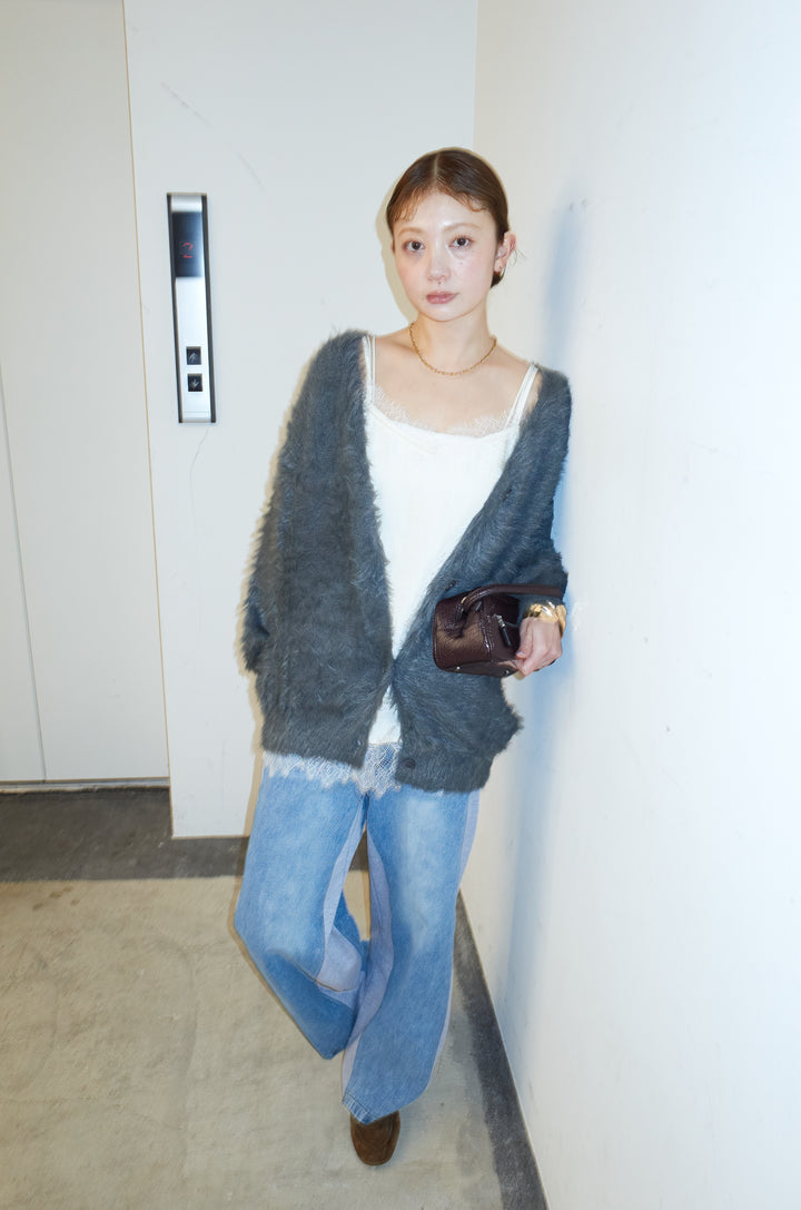 [予約/SET]起毛シャギーカーディガン+サテンレースキャミソール+スウェット切り替えデニムパンツ(3set)