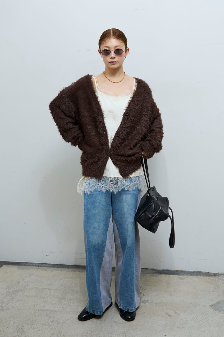 [予約/SET]起毛シャギーカーディガン+スウェット切り替えデニムパンツ(2set)