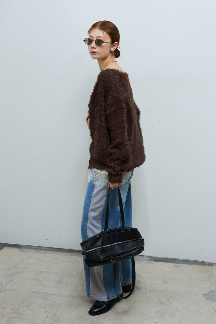 [予約/SET]起毛シャギーカーディガン+スウェット切り替えデニムパンツ(2set)