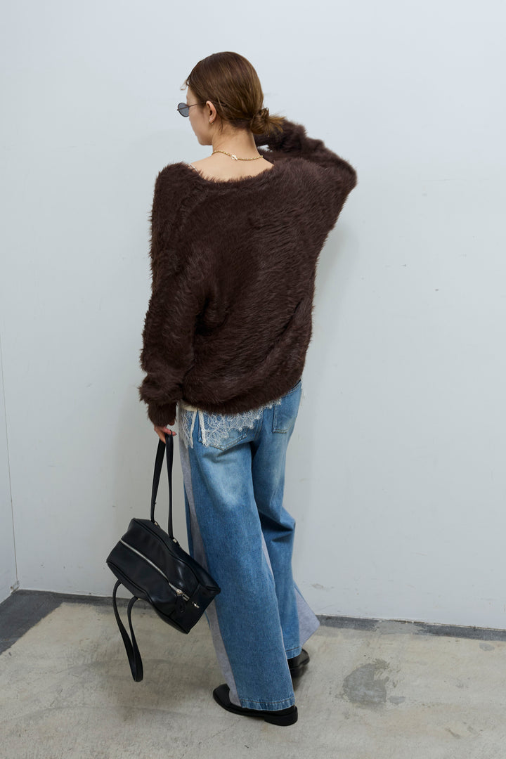 [予約/SET]起毛シャギーカーディガン+サテンレースキャミソール+スウェット切り替えデニムパンツ(3set)