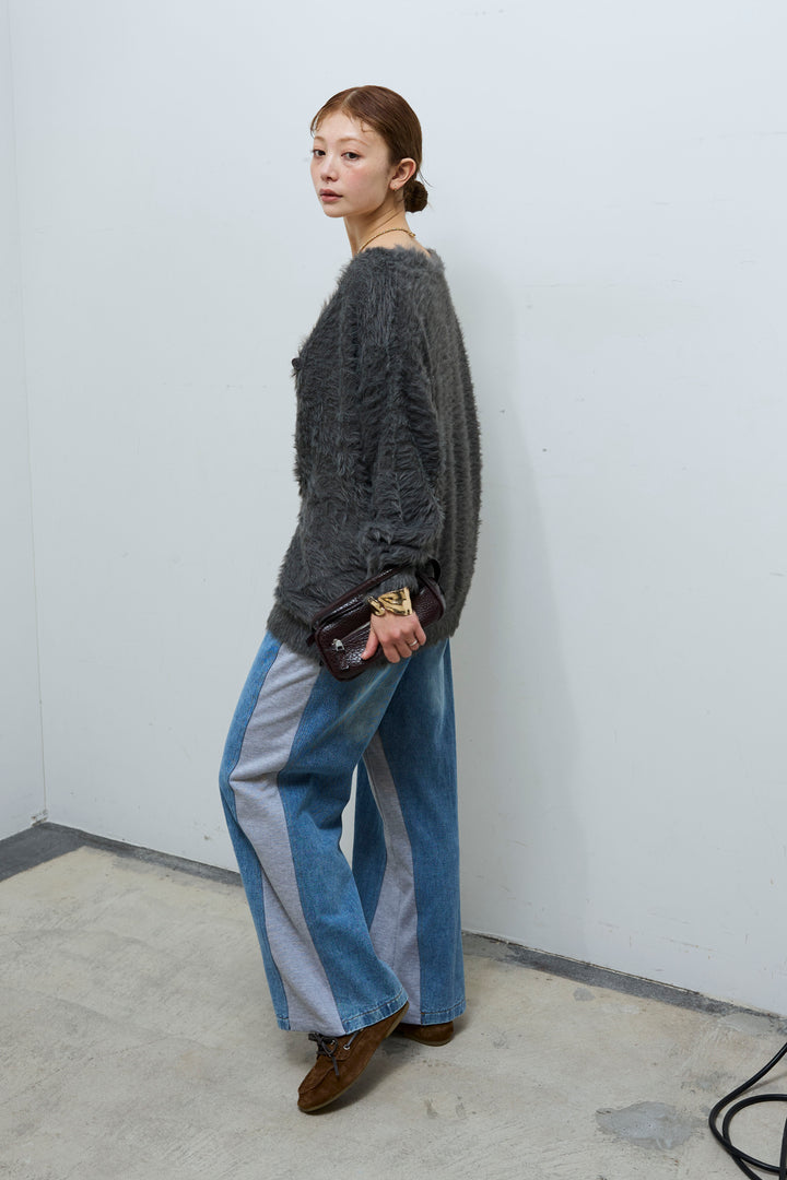 [予約/SET]起毛シャギーカーディガン+スウェット切り替えデニムパンツ(2set)