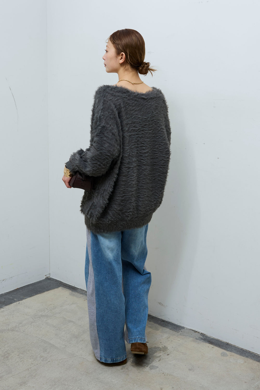 [予約/SET]起毛シャギーカーディガン+スウェット切り替えデニムパンツ(2set)