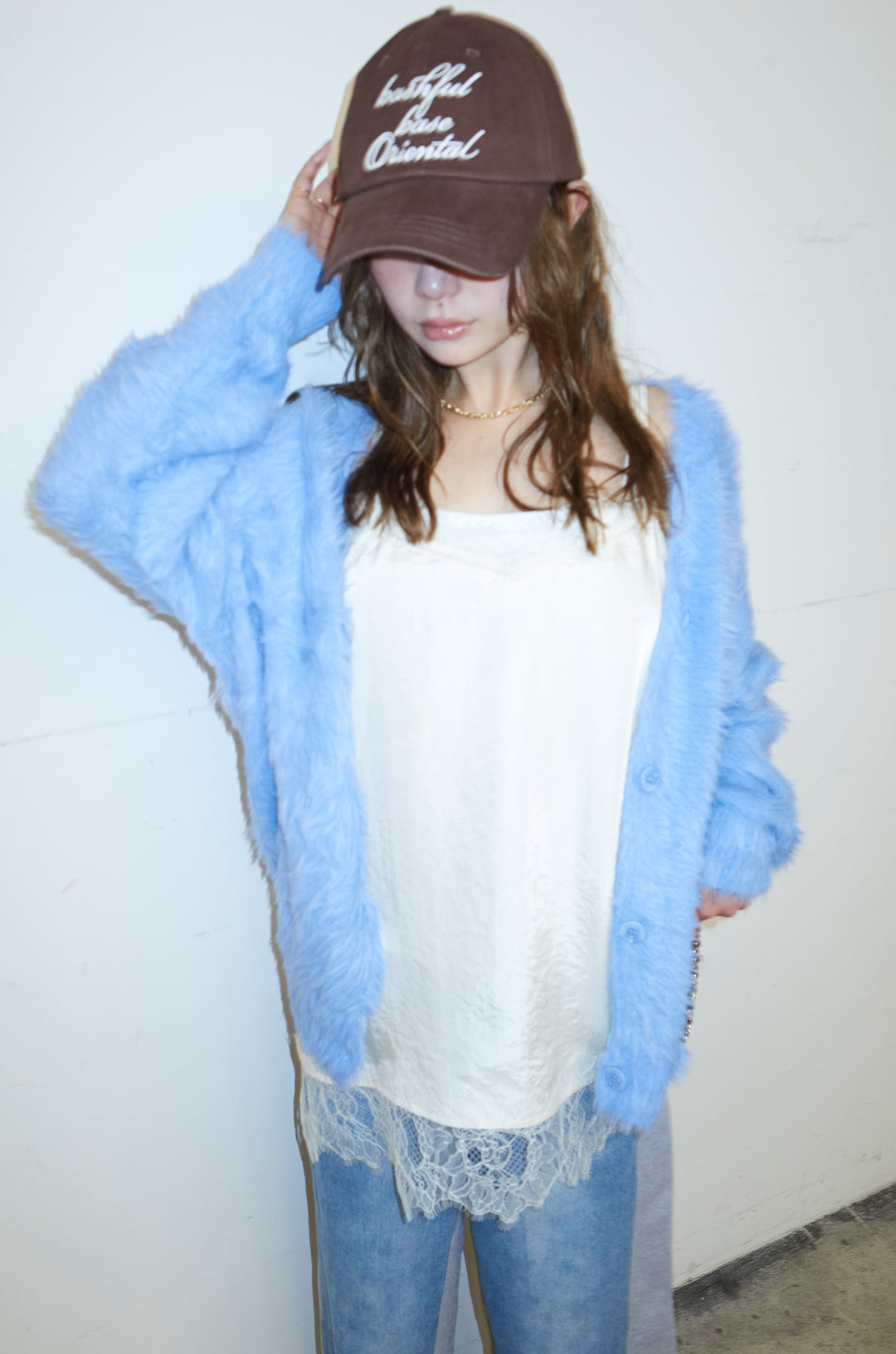 [予約/SET]起毛シャギーカーディガン+サテンレースキャミソール(2set)