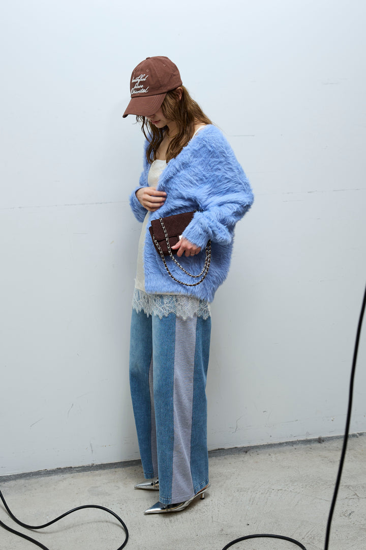 [予約/SET]起毛シャギーカーディガン+サテンレースキャミソール+スウェット切り替えデニムパンツ(3set)