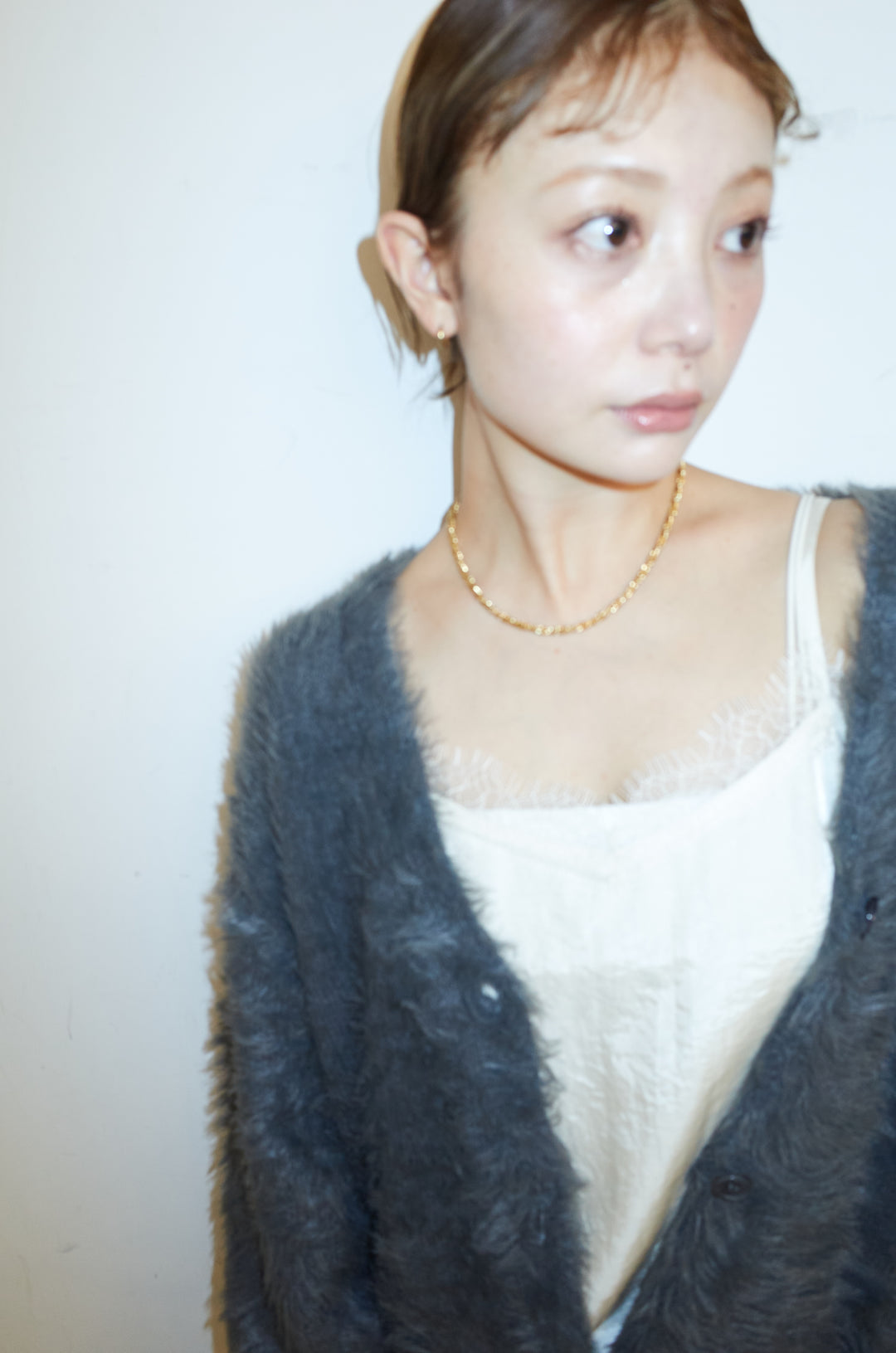 [予約/SET]起毛シャギーカーディガン+サテンレースキャミソール+スウェット切り替えデニムパンツ(3set)