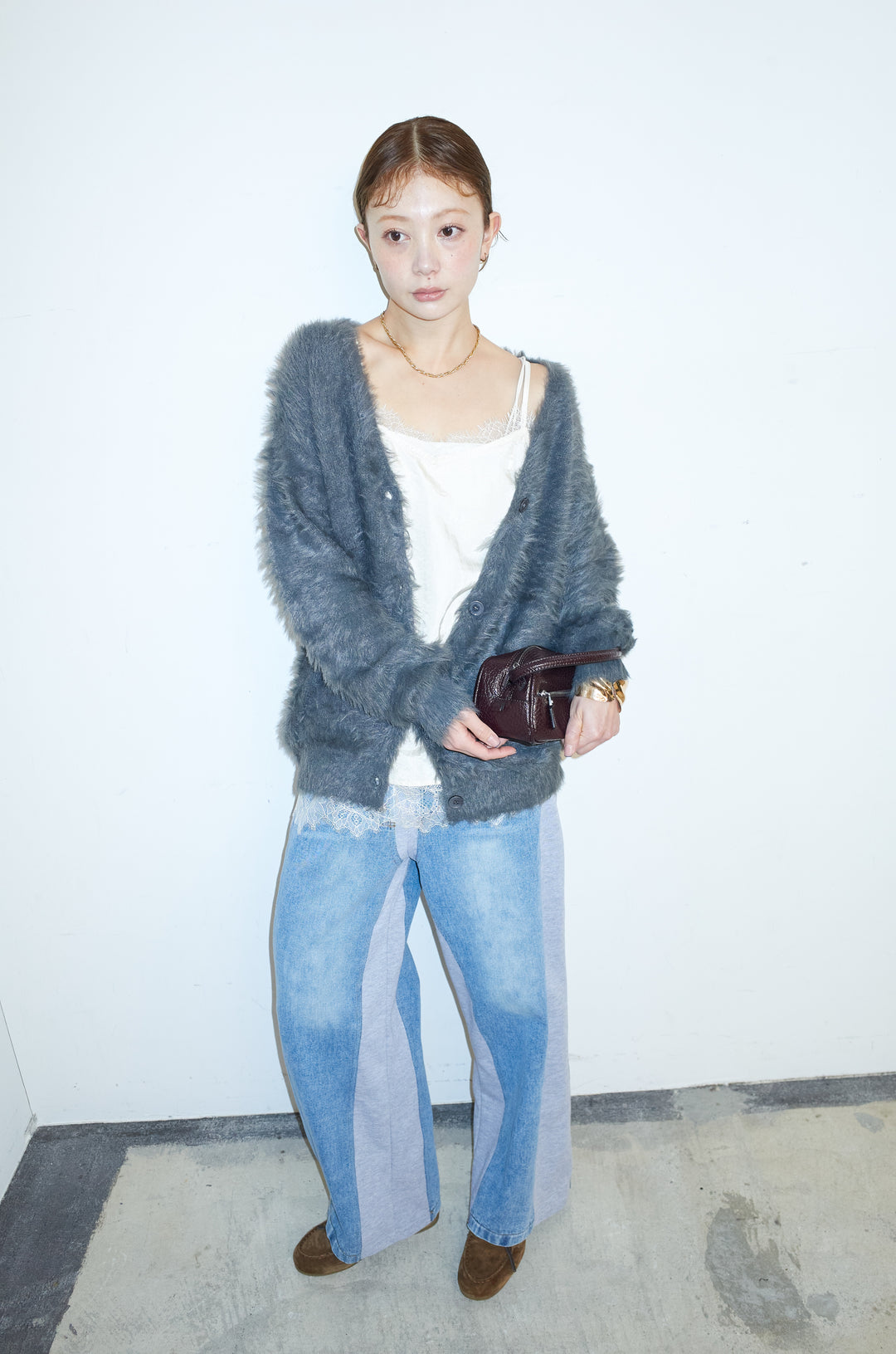 [予約/SET]起毛シャギーカーディガン+サテンレースキャミソール+スウェット切り替えデニムパンツ(3set)