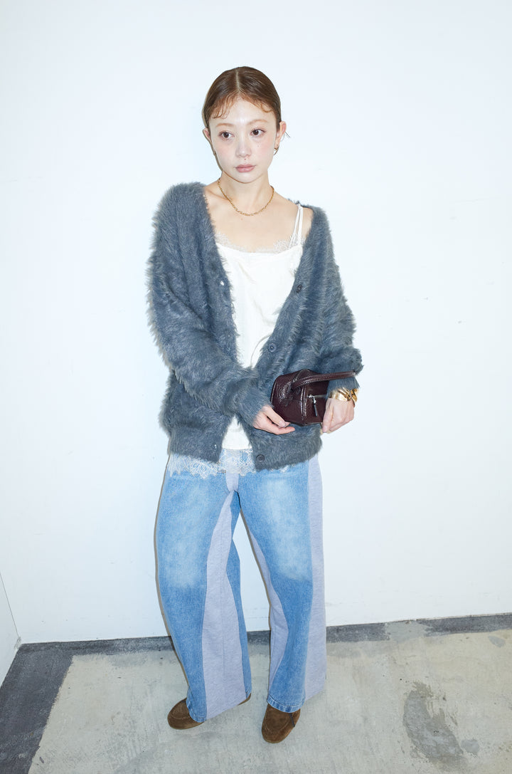 [予約/SET]起毛シャギーカーディガン+スウェット切り替えデニムパンツ(2set)