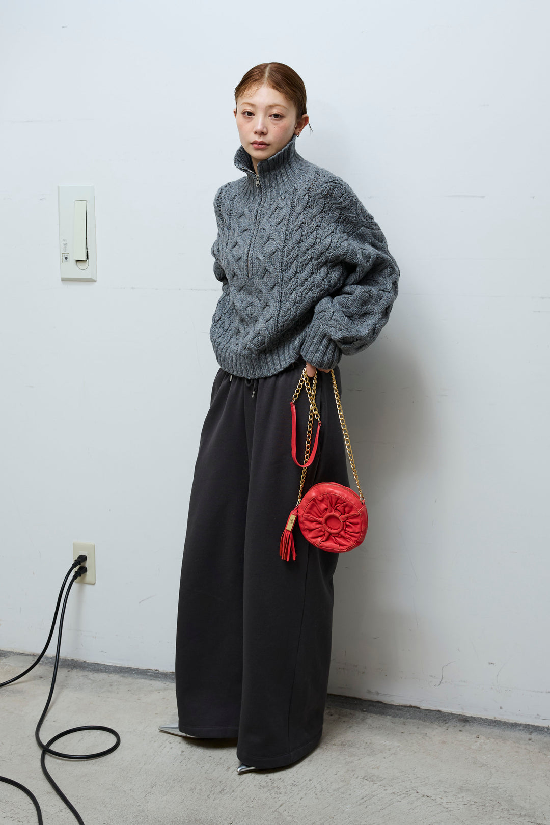 [予約/SET]バルキーケーブルハーフジッププルオーバー+裏起毛スウェットワイドパンツ(2set)