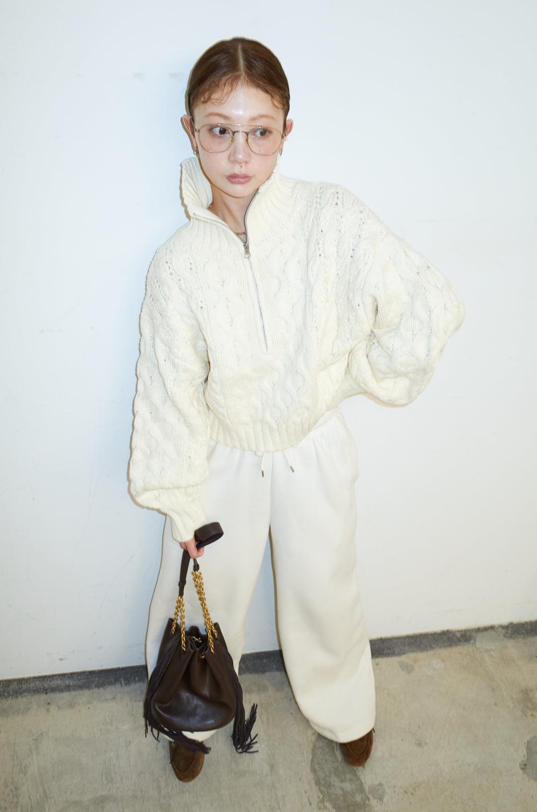 [予約/SET]バルキーケーブルハーフジッププルオーバー+裏起毛スウェットワイドパンツ(2set)