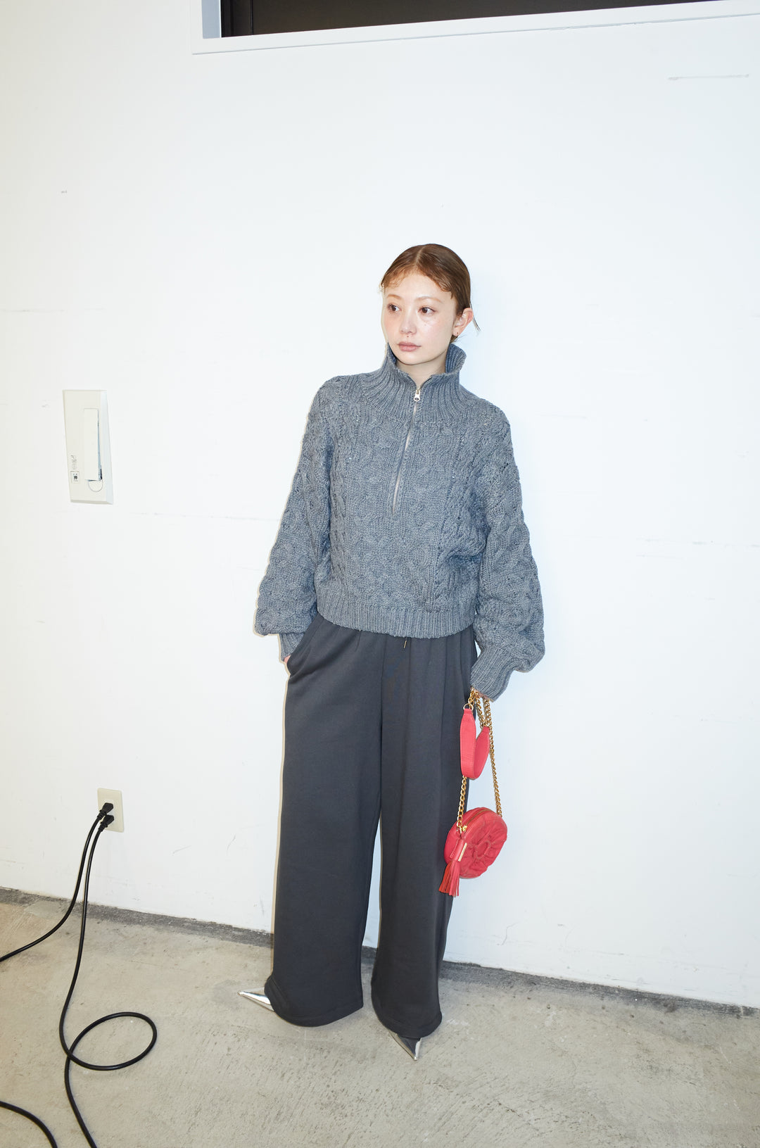 [予約/SET]バルキーケーブルハーフジッププルオーバー+裏起毛スウェットワイドパンツ(2set)