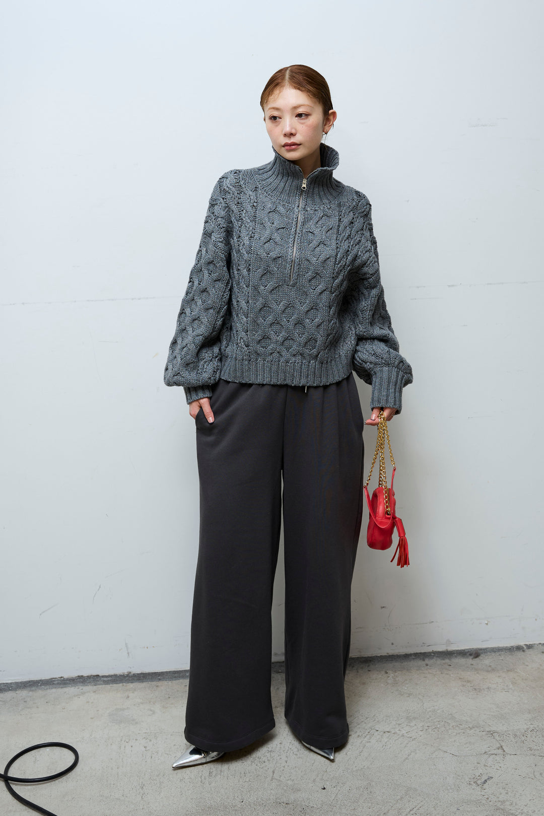 [予約/SET]バルキーケーブルハーフジッププルオーバー+裏起毛スウェットワイドパンツ(2set)