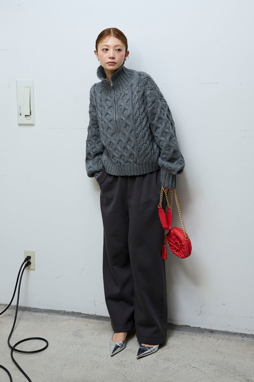 [予約/SET]バルキーケーブルハーフジッププルオーバー+裏起毛スウェットワイドパンツ(2set)
