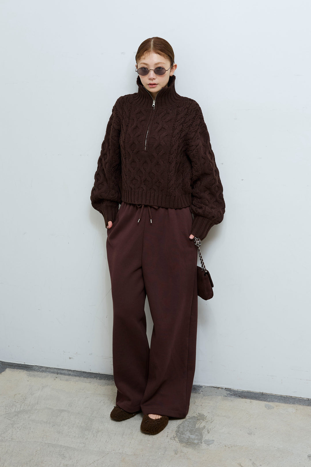 [予約/SET]バルキーケーブルハーフジッププルオーバー+裏起毛スウェットワイドパンツ(2set)