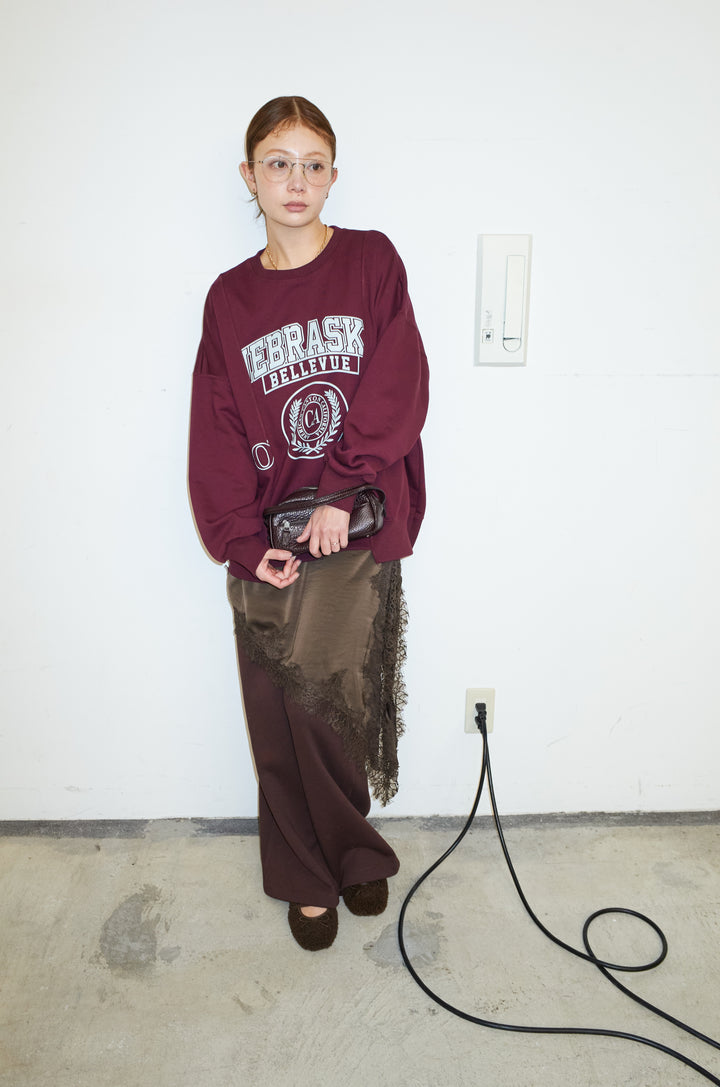 [予約/SET]カレッジプリントリメイク風スウェット+アシンメトリーレースロングキャミ+裏起毛スウェットワイドパンツ(3set)