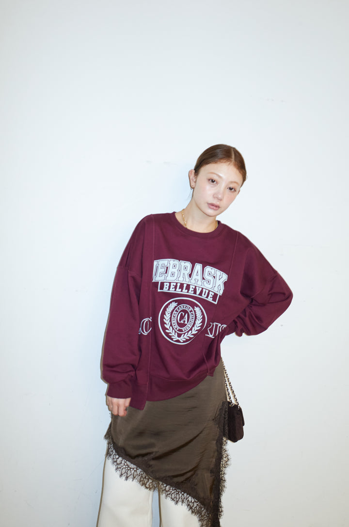 [予約/SET]カレッジプリントリメイク風スウェット+アシンメトリーレースロングキャミ+裏起毛スウェットワイドパンツ(3set)