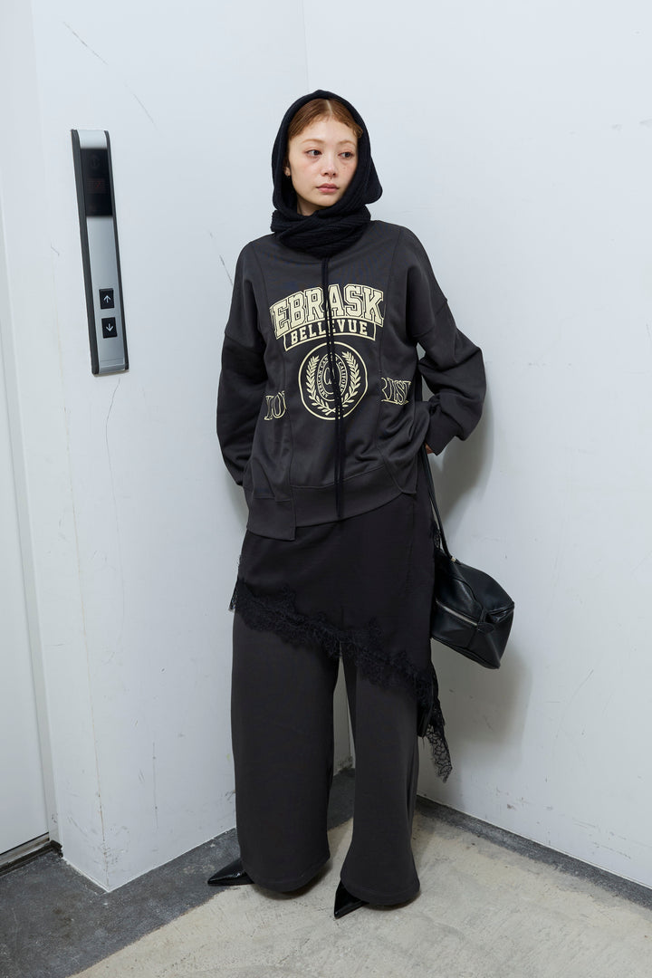 [予約/SET]カレッジプリントリメイク風スウェット+アシンメトリーレースロングキャミ+裏起毛スウェットワイドパンツ(3set)