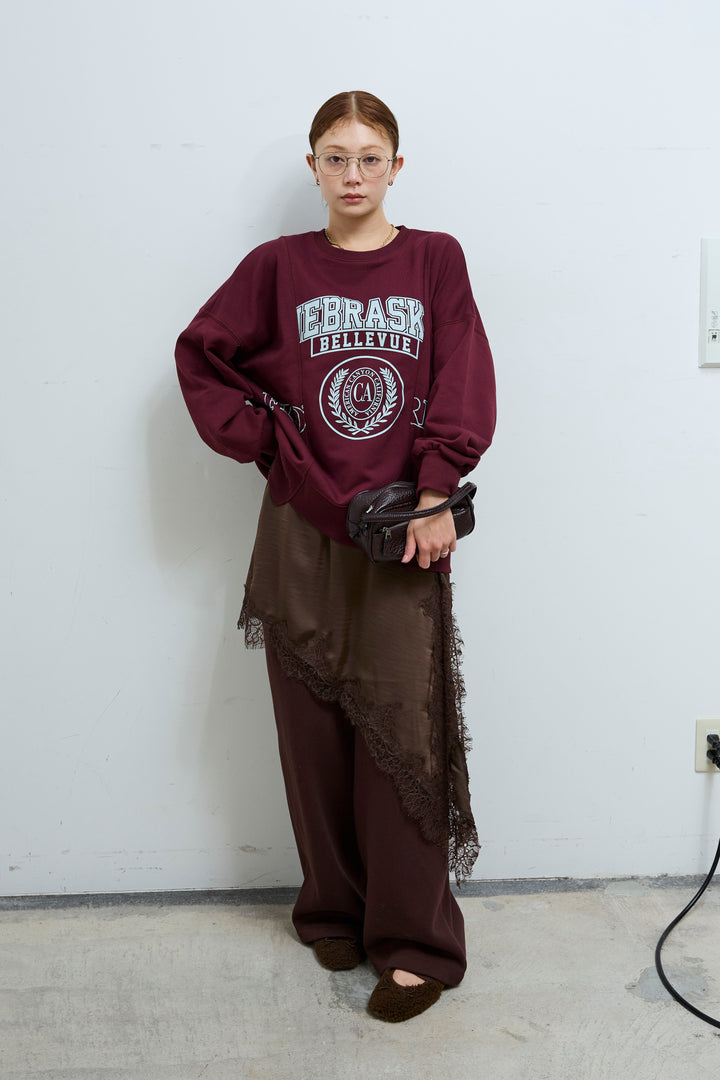 [予約/SET]カレッジプリントリメイク風スウェット+アシンメトリーレースロングキャミ(2set)