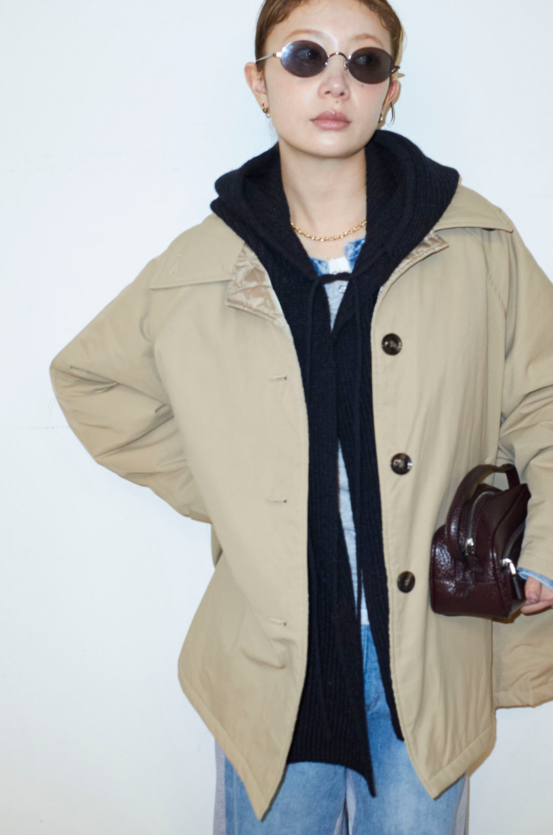 [予約/SET]キルトライニングAライントレンチ+アルパカタッチフライトニットキャップ+スウェット切り替えデニムパンツ(3set)