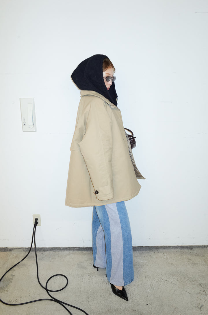 [予約/SET]キルトライニングAライントレンチ+アルパカタッチフライトニットキャップ+オーバーサイズノーカラーデニムJK+スウェット切り替えデニムパンツ(4set)