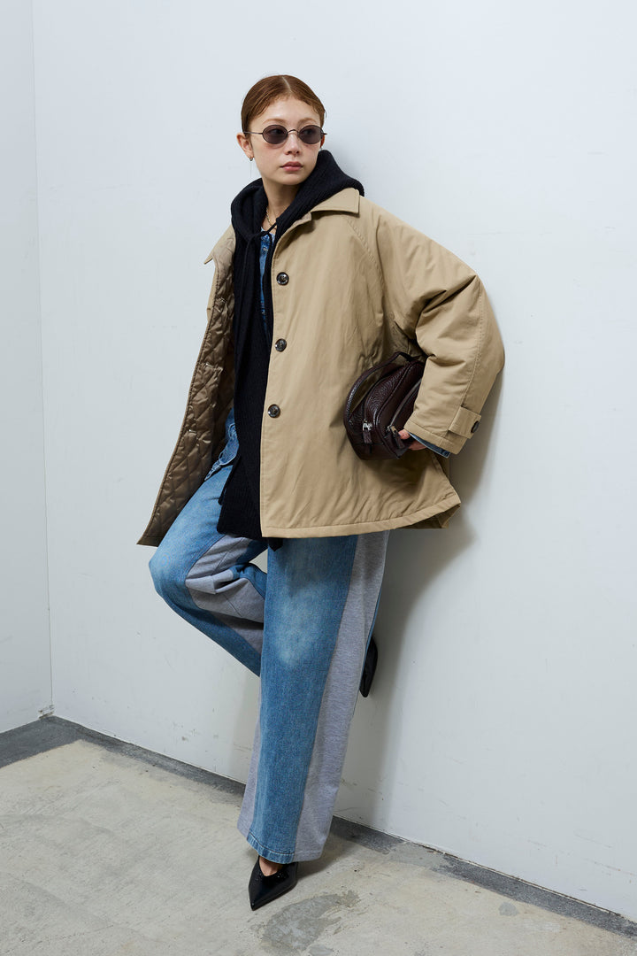 [予約/SET]キルトライニングAライントレンチ+アルパカタッチフライトニットキャップ+オーバーサイズノーカラーデニムJK+スウェット切り替えデニムパンツ(4set)