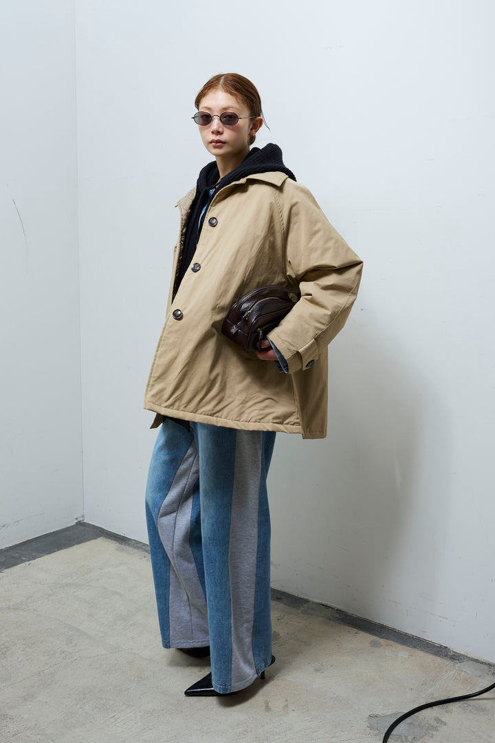 [予約/SET]キルトライニングAライントレンチ+アルパカタッチフライトニットキャップ+スウェット切り替えデニムパンツ(3set)