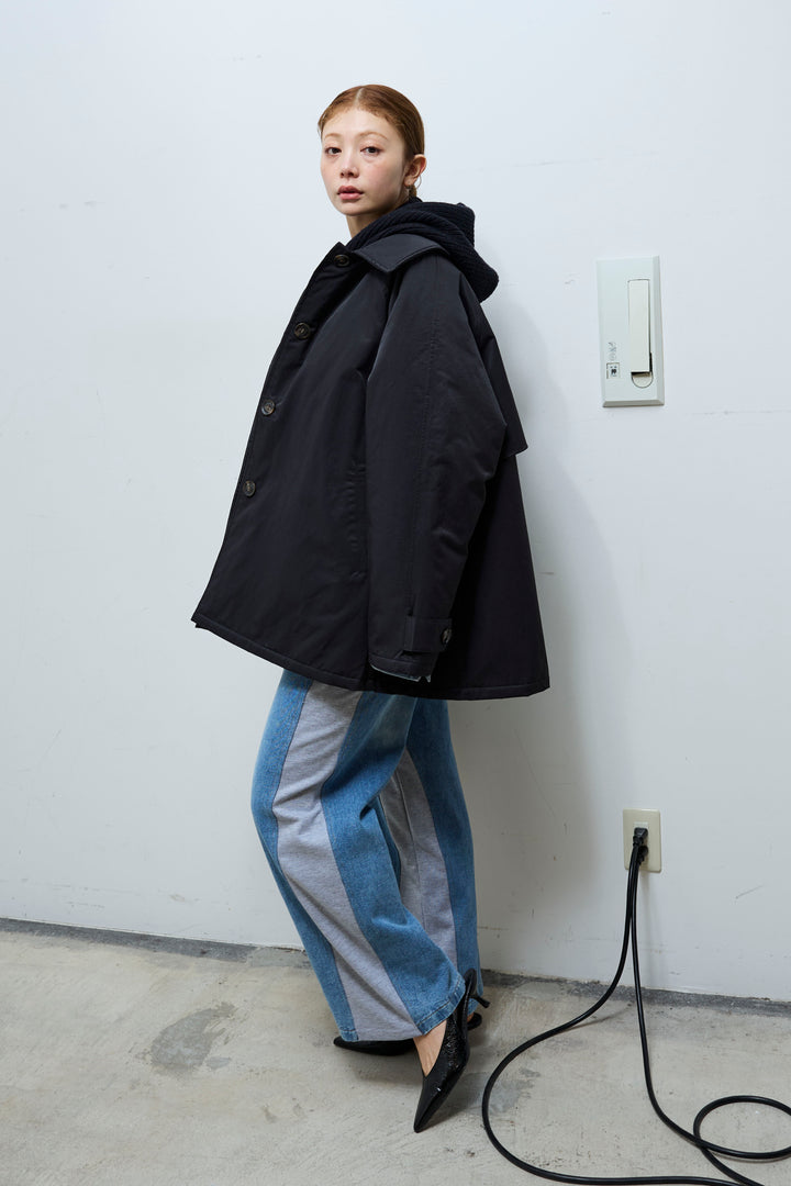 [予約/SET]キルトライニングAライントレンチ+アルパカタッチフライトニットキャップ+オーバーサイズノーカラーデニムJK+スウェット切り替えデニムパンツ(4set)