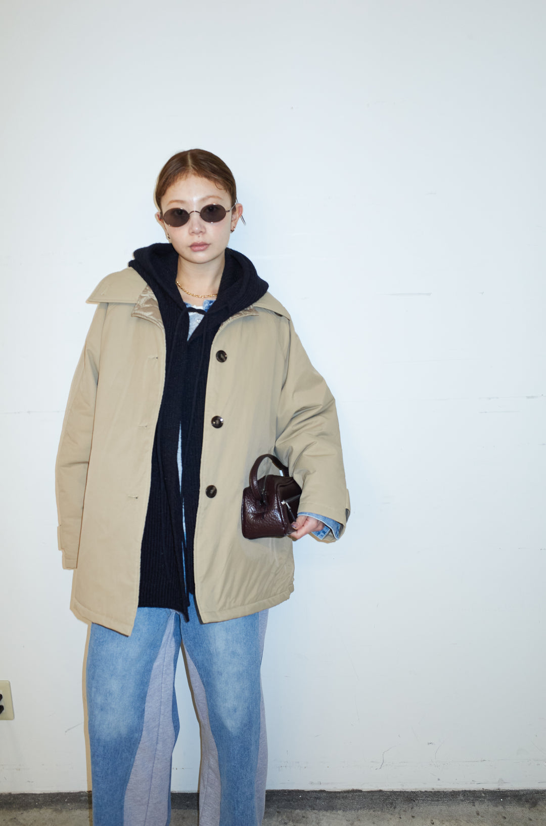 [予約/SET]キルトライニングAライントレンチ+アルパカタッチフライトニットキャップ+スウェット切り替えデニムパンツ(3set)