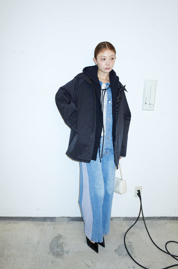 [予約/SET]キルトライニングAライントレンチ+アルパカタッチフライトニットキャップ+オーバーサイズノーカラーデニムJK+スウェット切り替えデニムパンツ(4set)