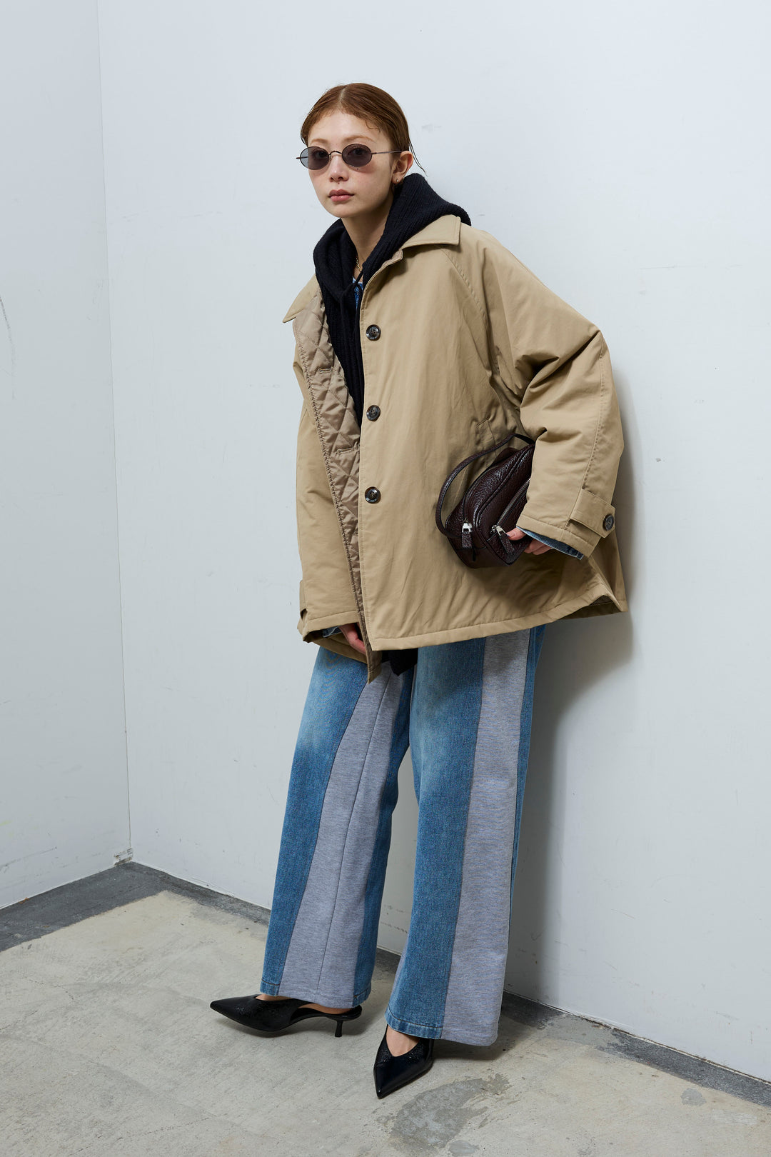 [予約/SET]キルトライニングAライントレンチ+アルパカタッチフライトニットキャップ+オーバーサイズノーカラーデニムJK+スウェット切り替えデニムパンツ(4set)