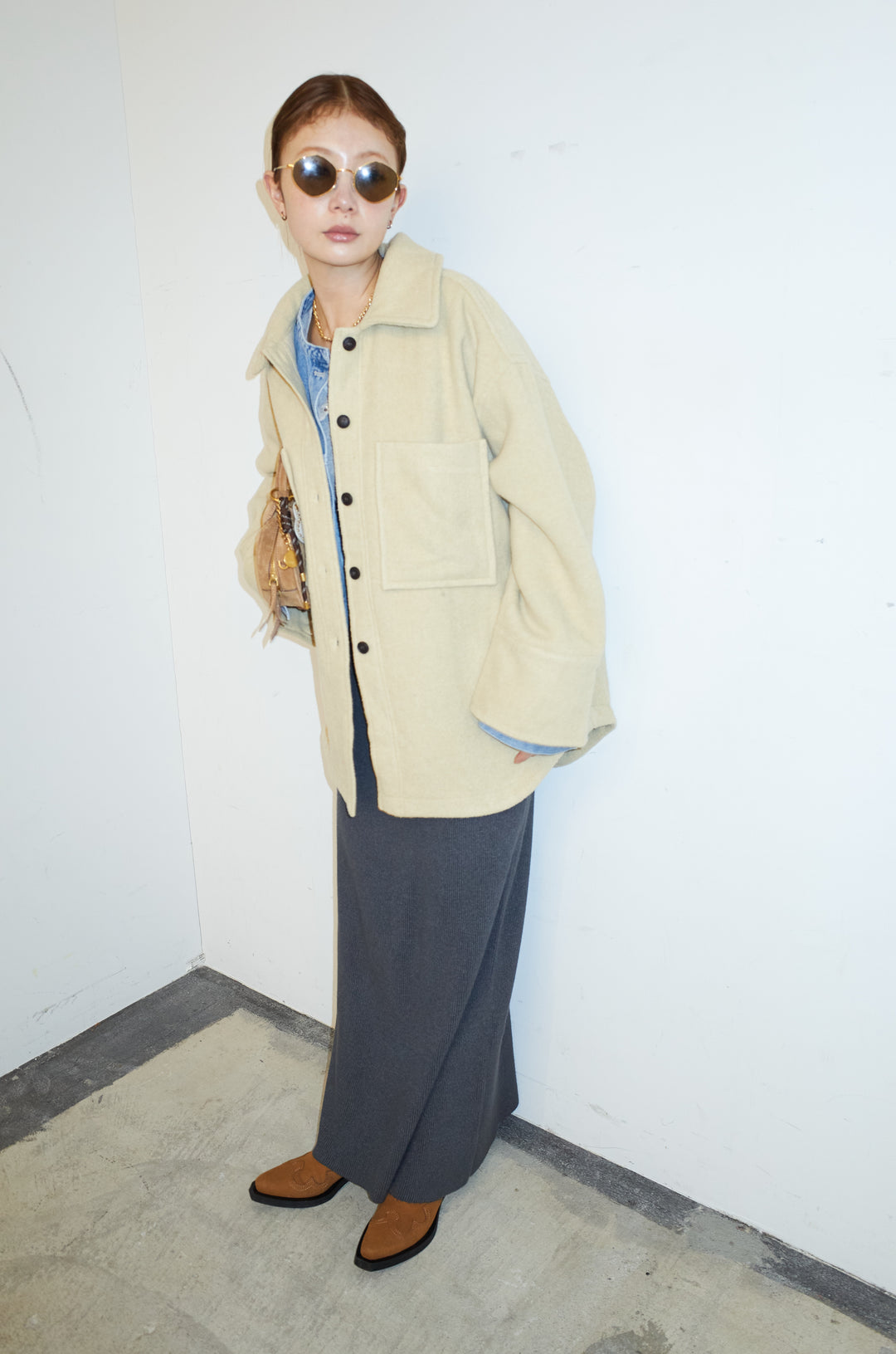 [予約/SET]ウールモッサ杢ヘリンボーンシャツJK+オーバーサイズノーカラーデニムJK+リブニットナロースカート(3set)