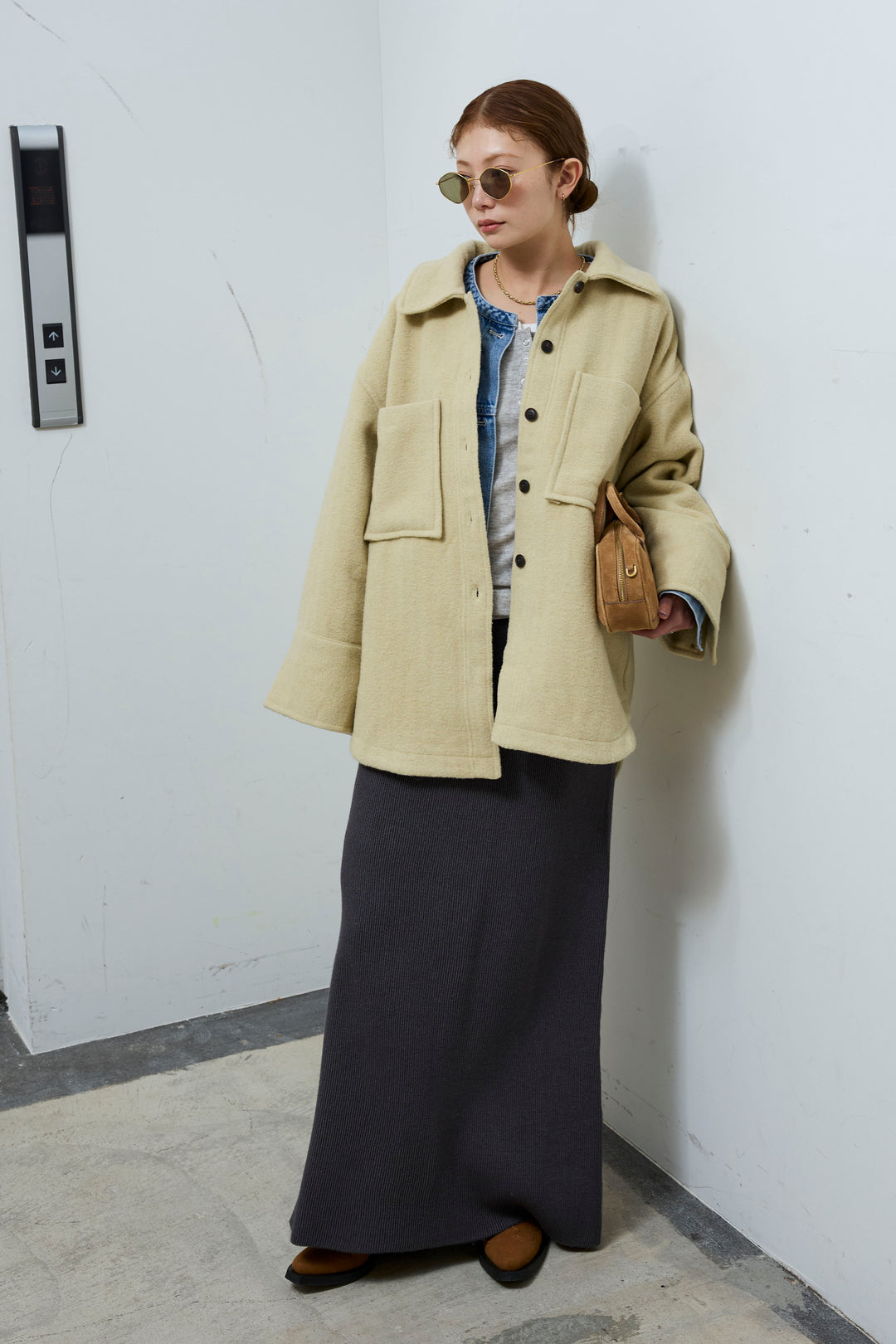 [予約/SET]ウールモッサ杢ヘリンボーンシャツJK+リブニットナロースカート(2set)