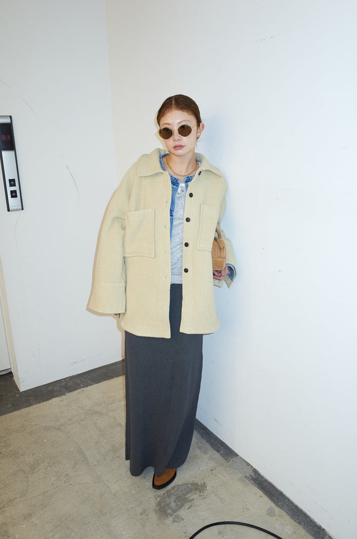 [予約/SET]ウールモッサ杢ヘリンボーンシャツJK+オーバーサイズノーカラーデニムJK+リブニットナロースカート(3set)