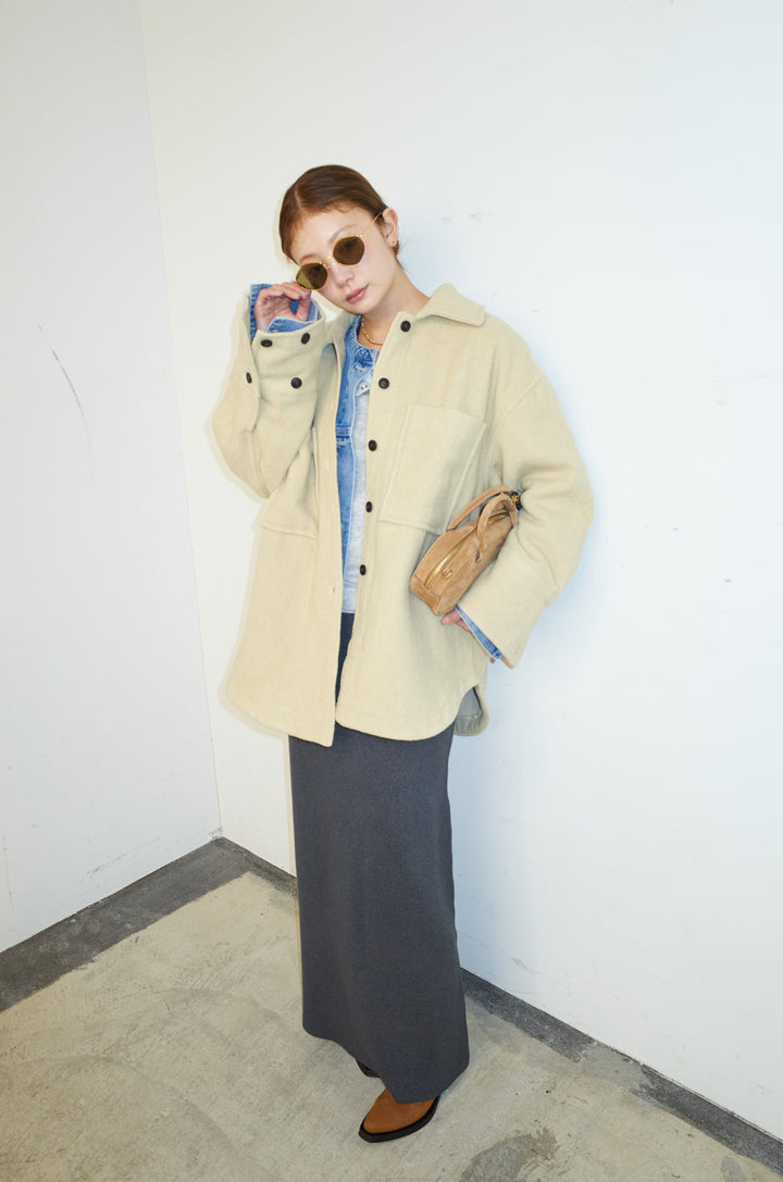 [予約/SET]ウールモッサ杢ヘリンボーンシャツJK+リブニットナロースカート(2set)