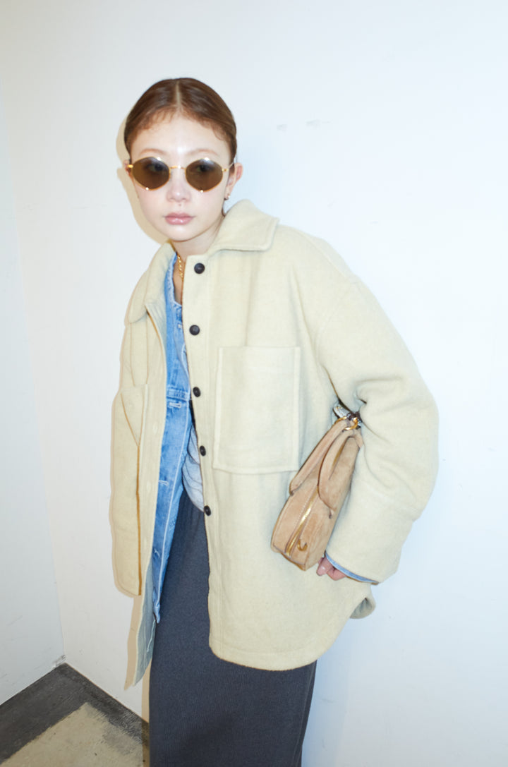 [予約/SET]ウールモッサ杢ヘリンボーンシャツJK+オーバーサイズノーカラーデニムJK+リブニットナロースカート(3set)